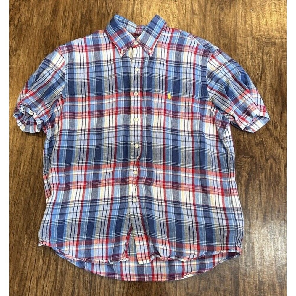 Polo Ralph Lauren 100% Linen Button Up Shirt Men’s M Plaid Summer Pool